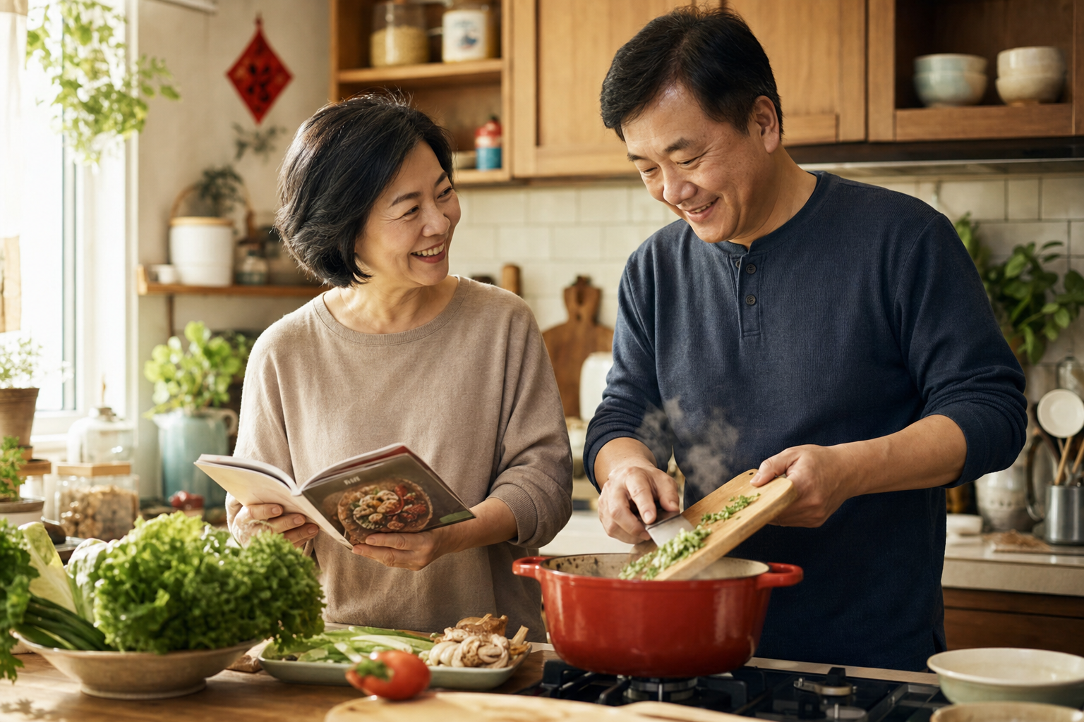 成熟亞洲夫婦在廚房一起烹飪，幸福生活